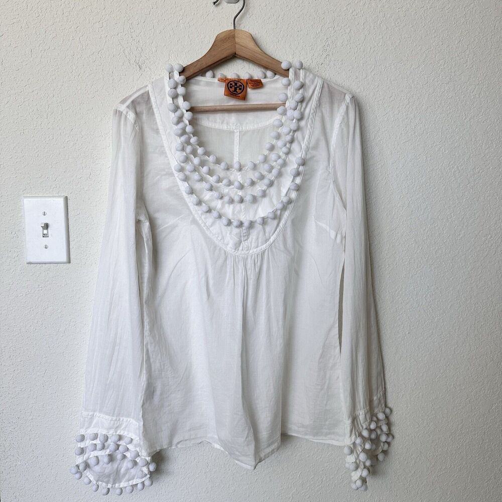 Tory Burch White blouse Cotton Pomp Pomp Long Sleeves 12 - Picture 9 of 12